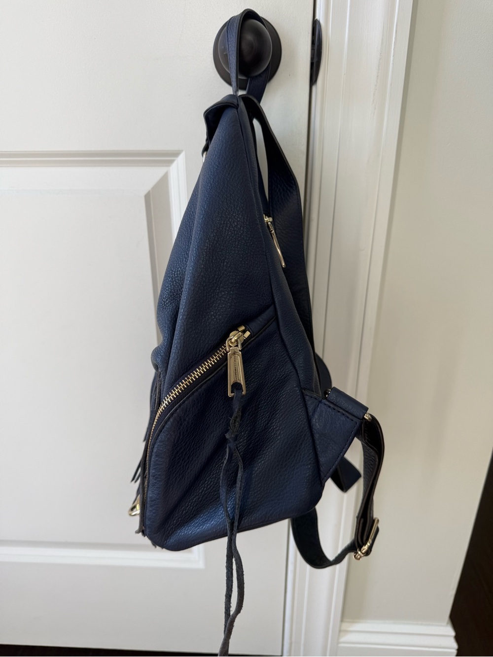 Rebecca Minkoff Navy Fringe Leather Backpack with Gold Hardware - Picture 3 of 7